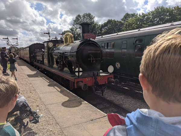 The boys witnessing a steam engine on the Bluebell Railway